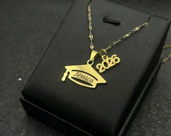Personalized Graduation Necklace 2026, Custom Name Grad Cap Pendant, Class of 2026 Jewelry, Gold Nameplate Necklace, Senior Year Gift