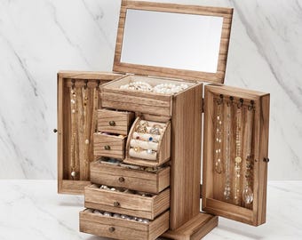 Premium Graduation Gift Wood Jewelry Box 6-Tier Large Jewelry Organizer with Mirror Drawers - Custom Engraved - Personalized available