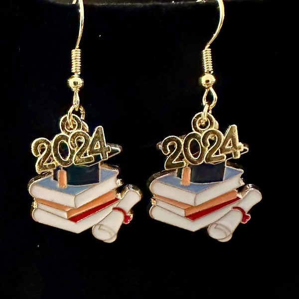 2024 graduation cap and diploma earrings, clip-on available