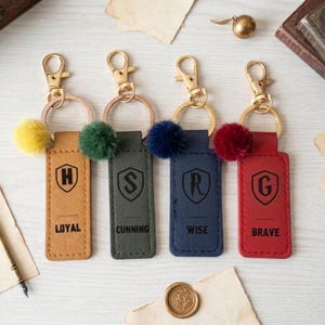 Custom School Logo Personalized Leather Keychain | Magic Wizard House Key Fob with Custom Name & School Crest | Custom Vegan Leather Bag Tag