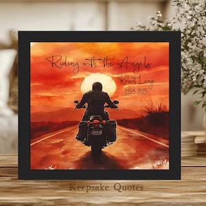 Personalized Motorcycle Memorial Gift, Riding with the Angels Biker Remembrance Sympathy Gift, Framed Watercolor Art Print Sign Funeral Gift