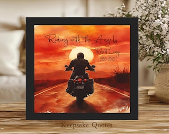 Personalized Motorcycle Memorial Gift, Riding with the Angels Biker Remembrance Sympathy Gift, Framed Watercolor Art Print Sign Funeral Gift