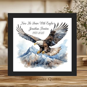 May include: A framed print featuring a watercolor painting of an eagle soaring over snow-capped mountains. The artwork includes the text "Now He Soars With Eagles" and the name "Jonathan Trenton" with the years "1970-2025". The frame is black.