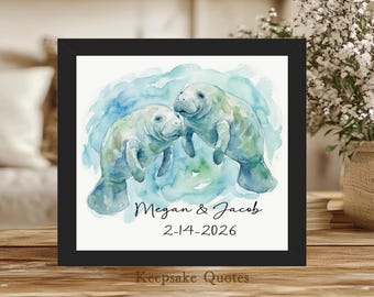 Manatee Watercolor Art Print Framed Personalized Keepsake Animal Lover Decor, 2 Manatees In Love Couple Gift, Valentine's Day, Anniversary