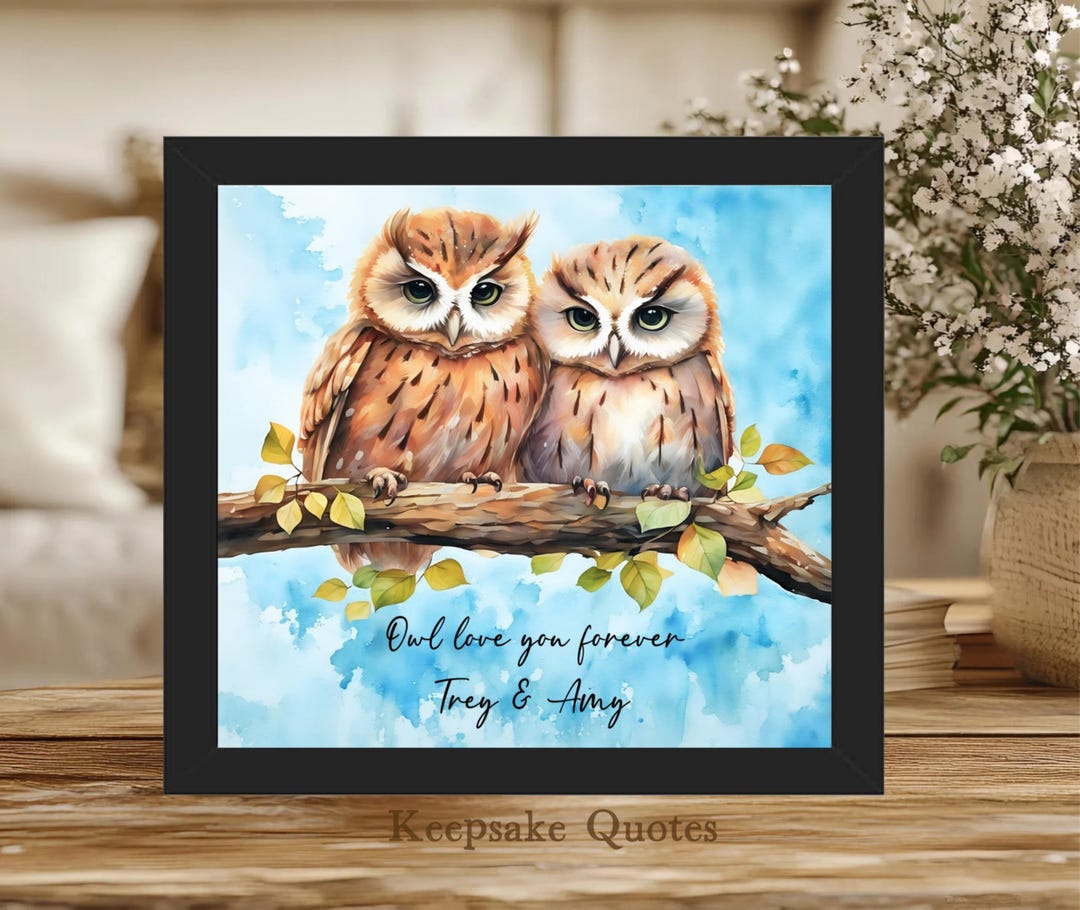 Two Owls on Branch Painting Watercolor Art Print Framed, Cute Owl ...