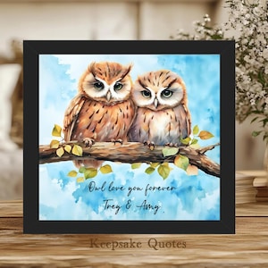 Two Owls on Branch Painting Watercolor Art Print Framed, Cute Owl Couple Personalized Gift Idea, Owl Love You Forever, Owl Lover Anniversary