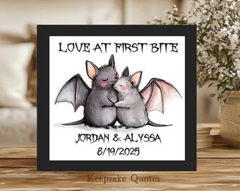 Bat Couple Gift, Love At First Bite Personalized Print Art Framed Sign, Spooky Gothic Halloween Wedding Engagement, Bat Lovers Anniversary