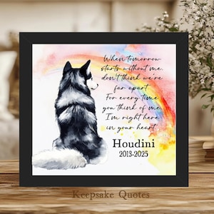 K&ouml;nnte beinhalten: Gerahmter Druck mit einem Aquarellgem&auml;lde eines Husky-Hundes, einem Regenbogen und Text. Der Text lautet: &bdquo;Wenn morgen ohne mich beginnt... Ich bin direkt hier in deinem Herzen.&ldquo; Der Name des Hundes, Houdini, und die Daten 2013-2025 sind ebenfalls enthalten.