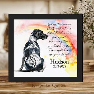 May include: A framed print featuring a watercolor illustration of a dog with black and white spots, set against a rainbow background. The print includes the text "When tomorrow starts without me..." and the name "Hudson" with dates.
