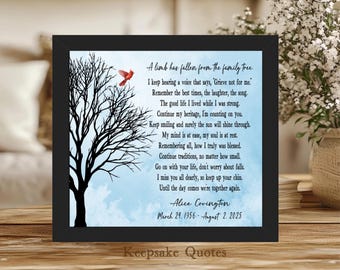 Personalized Memorial Gift, A Limb Has Fallen From The Family Tree Poem Winter Tree with Cardinal Painting Art Grief Sign Mother Dad Passing
