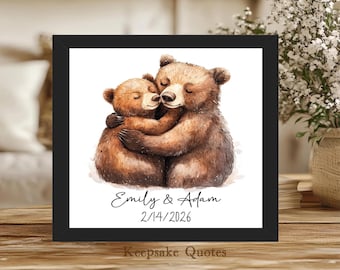 Bear Couple Watercolor Art Print Framed Personalized Gift for Him or Her Anniversary, Valentine's Day, 2 Brown Grizzly Bears Hugging In Love