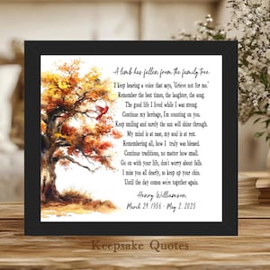 May include: A framed print featuring a watercolor painting of a tree with autumn-colored leaves and a red bird. The print includes a poem and the text "Henry Williamson March 29. 1956 - May 2. 2025" and "Keepsake Quotes".