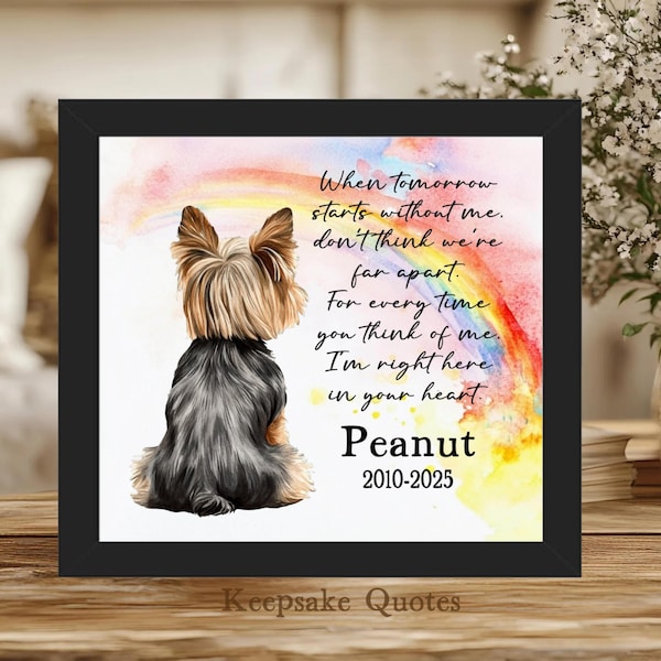 Regalo personalizado en memoria de un Yorkshire Terrier, pintura en acuarela enmarcada conmemorativa de un Yorkie, regalo de condolencia por la pérdida de una mascota, letrero de recuerdo.