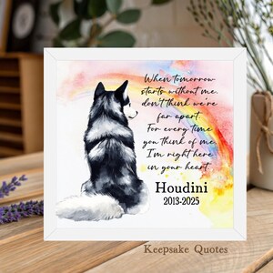 K&ouml;nnte beinhalten: Gerahmter Druck mit einer schwarz-wei&szlig;en Husky-Hunde-Illustration vor einem Aquarell-Regenbogenhintergrund. Der Text lautet: &bdquo;Wenn der morgige Tag ohne mich beginnt, denke nicht, dass wir weit entfernt sind.&ldquo; Der Name des Hundes, Houdini, und die Daten 2013-2025 sind ebenfalls enthalten.