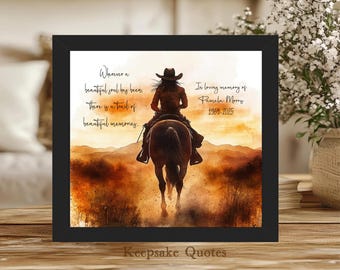 Personalized Cowgirl Memorial Gift Sympathy Horse Lover Equestrian, Rancher Western Cowgirl Rides Away Painting Watercolor Art Framed Sign