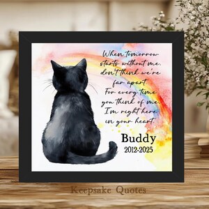 May include: A framed print featuring a watercolor painting of a black cat. The cat is facing away, with a rainbow and text that reads "When tomorrow starts without me... Buddy 2012-2025." The frame is black.
