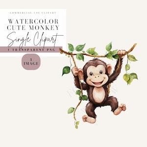 Puede incluir: Ilustración de acuarela de un mono lindo balanceándose en una enredadera. El mono es marrón con una cara marrón claro y tiene una gran sonrisa. La enredadera es verde y tiene hojas. El fondo es blanco.
