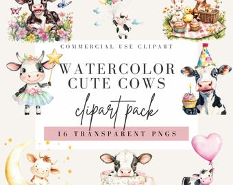 May include: A collection of watercolour illustrations of cute cows. The images include cows with floral crowns, holding balloons, and in a teacup. The text reads "Watercolor Cute Cows Clipart Pack" and "16 Transparent PNGs".