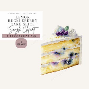 Könnte beinhalten: Eine Aquarellillustration eines Zitronen-Heidelbeer-Kuchenstücks mit drei gelben Kuchenschichten, weißer Glasur, violetten Heidelbeeren und einem grünen Minzblatt. Der Text lautet: COMMERCIAL USE CLIPART LEMON HUCKLEBERRY CAKE SLICE Single Clipart 1 TRANSPARENT PNG 1 IMAGE.