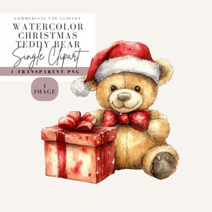 Clipart nounours de Noël, Aquarelle, fond transparent, PNG à usage commercial, clipart de Noël, décoration festive, image de chapeau de père Noël
