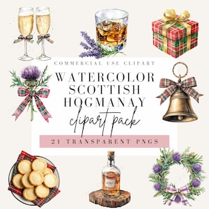 Schotse Hogmanay-clipart, aquarelstijl, illustraties voor nieuwjaarsviering, tartan-afbeelding, transparante achtergrond, commercieel gebruik, png