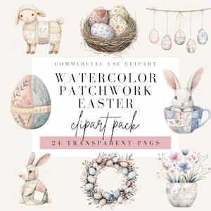 May include: Watercolour clipart pack of Easter themed images. Includes a patchwork bunny in a teacup, a lamb, a wreath with eggs, a hanging garland of eggs, and a potted flower arrangement. All images are in a patchwork style with pastel colours.