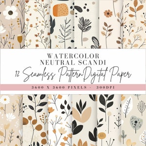 May include: Twelve seamless digital paper patterns featuring watercolor illustrations of neutral colored flowers, leaves, and abstract shapes. The patterns are 3600 x 3600 pixels and 300 DPI.