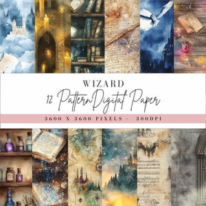 Papier numérique sorcier, motif école de magie, fond Mystic Fantasy, art numérique château enchanté, conception de grimoire, usage commercial PNG