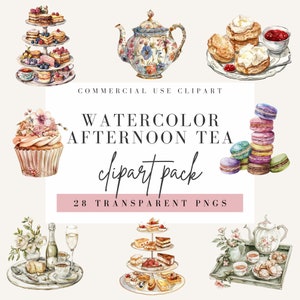 Chá da tarde Clipart, Imagens em aquarela, PNG transparente para uso comercial, Download instantâneo, Bule e xícara de chá Clip Art, Scone Jam e creme