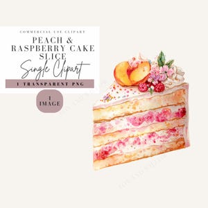 May include: A watercolor illustration of a single slice of peach and raspberry cake. The cake features multiple layers of sponge and fruit filling, topped with whipped cream, fresh peach slices, raspberries, and small pink flowers.