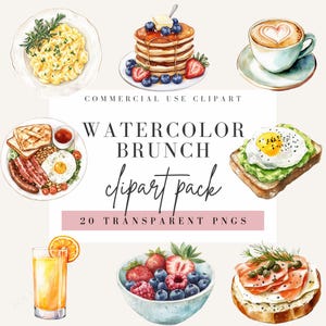 Clipart brunch, Clip art cibo colazione, Immagini pancake e caffè, Stile acquerello croissant, Sfondo trasparente, Uso commerciale PNG