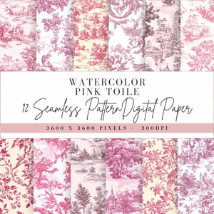 May include: Twelve seamless digital paper patterns featuring a pink and white toile design with a watercolor effect. The patterns include various floral and landscape motifs. Each pattern is 3600 x 3600 pixels and 300 DPI.