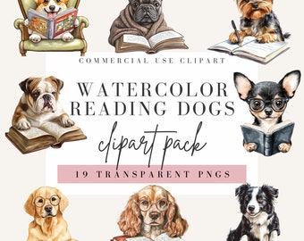 May include: Watercolor clipart pack of 19 reading dogs. The dogs are all different breeds and are wearing glasses and holding books. The text "WATERCOLOR READING DOGS clipart pack 19 TRANSPARENT PNGS" is at the bottom of the image.