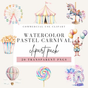 Clipart de carnaval pastel, estilo acuarela, fondo transparente, PNG para uso comercial, clip art de circo, imagen de caballo de carrusel.