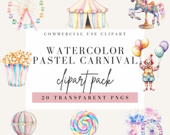 Pastel Carnival Clipart, Watercolor Style, Transparent Background, Commercial Use PNG, Circus Clip Art, Carousel Horse Image,