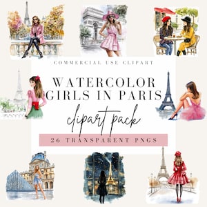Ragazze a Parigi Clipart, Stile acquerello, Sfondo trasparente, Uso commerciale PNG, Clip art francese rosa, Immagine della Torre Eiffel
