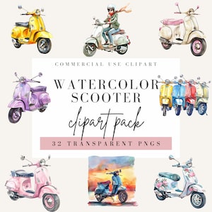 Scooter Watercolor Clipart, PNG trasparente per uso commerciale, Ciclomotore retrò, Motocicletta rosa blu, Trasporto estivo in Italia, Download immediato