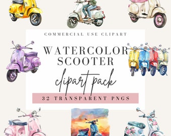 Scooter Watercolor Clipart, Transparent Commercial Use PNG, Retro Moped, Pink Blue Motorcycle, Italy Summer Transport, Instant Download