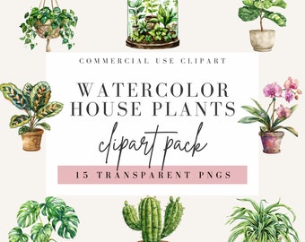 Op de afbeelding: Een set van 15 aquarel illustraties van kamerplanten, waaronder een hangplant, een terrarium, een vioolbladplant, een cactus, een monstera, een slangplant en een orchidee. De illustraties zijn in vintage stijl en perfect om een vleugje natuur aan je ontwerpen toe te voegen.