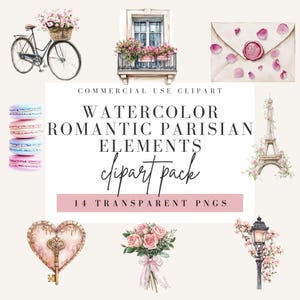 Imágenes prediseñadas de elementos parisinos románticos, estilo acuarela, fondo transparente, PNG de uso comercial, imágenes prediseñadas de París, imagen de diseño francés