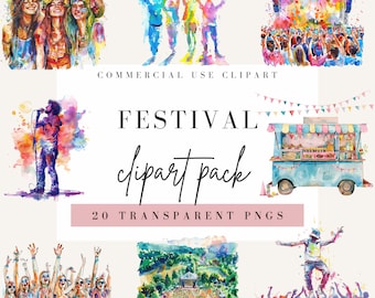 Clipart de acuarela de festival, fondo transparente, PNG de uso comercial, escenario musical, concierto boho, evento social de verano, ambiente festivo