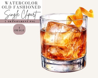 Old Fashioned Cocktail Clipart, Watercolor Style, Transparent Background, Commercial Use PNG, Signature Drink Clip Art, Whisky Image,