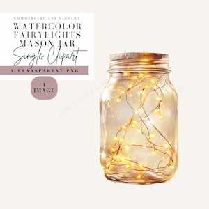 May include: A watercolor illustration of a mason jar with a lid, filled with warm white fairy lights. The jar is clear glass with a slightly textured surface. The lights are arranged in a loose, flowing pattern.