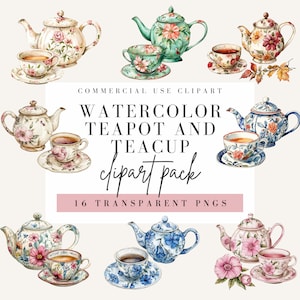 May include: A set of 16 watercolor clipart images featuring teapots and teacups. The teapots and teacups are decorated with floral patterns and come in a variety of colors, including blue, green, pink, and white. The clipart is perfect for adding a touch of elegance to your designs.