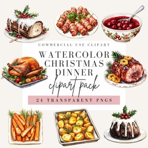 Weihnachtsessen Clipart, Aquarell-Stil, transparenter Hintergrund, kommerzielle Nutzung PNG, Weihnachtsclipart, festliches Design, Erntedankfest