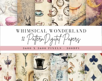 Whimsical Wonderland Digital Paper, Tea Party Pattern Background, Mad Hatter Scrapbook Design, Fantasy Fairytale, Commercial Use PNG