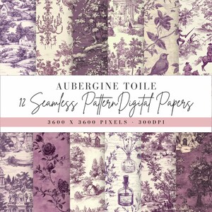 May include: Twelve seamless digital paper patterns in an aubergine toile design. The patterns feature various scenes including a bird, a house, flowers, and a bottle of perfume. Each pattern is 3600 x 3600 pixels and 300 DPI.