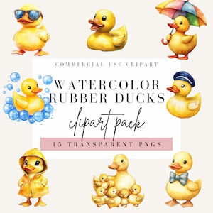 Clipart di paperella di gomma, stile acquerello, sfondo trasparente, PNG per uso commerciale, clipart di paperelle, design carino per la cameretta dei bambini, immagine di paperella