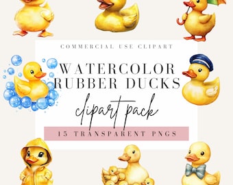 Rubber Duck Clipart, Watercolor Style, Transparent Background, Commercial Use PNG, Ducks Clip Art, Cute Nursery Design, Duckling Image