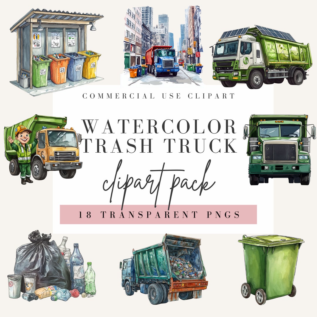 Trash Truck Clipart, Watercolor Style, Transparent Background ...